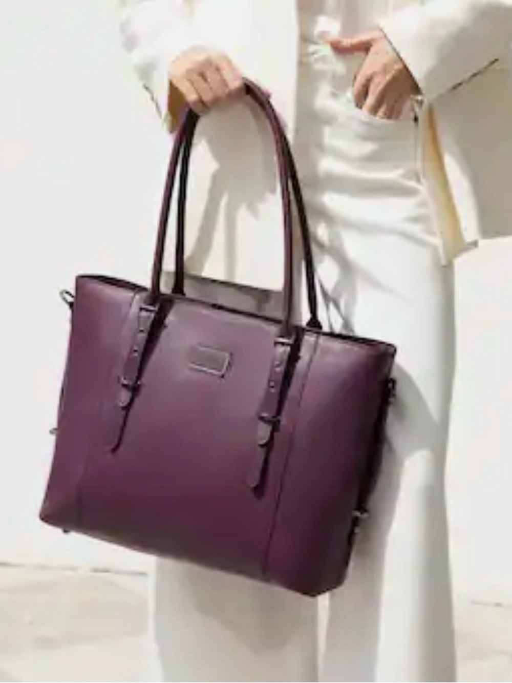 Mosiso Wine Purple Faux Leather Laptop Tote Work Bag Crossbody